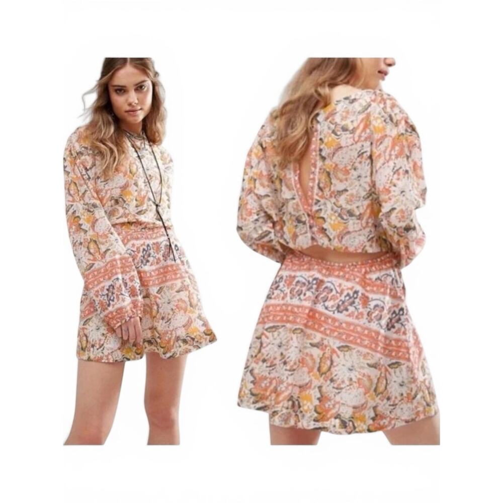 Boho Floral Paisley Sun Printed Mini Dress, Cut Out Back